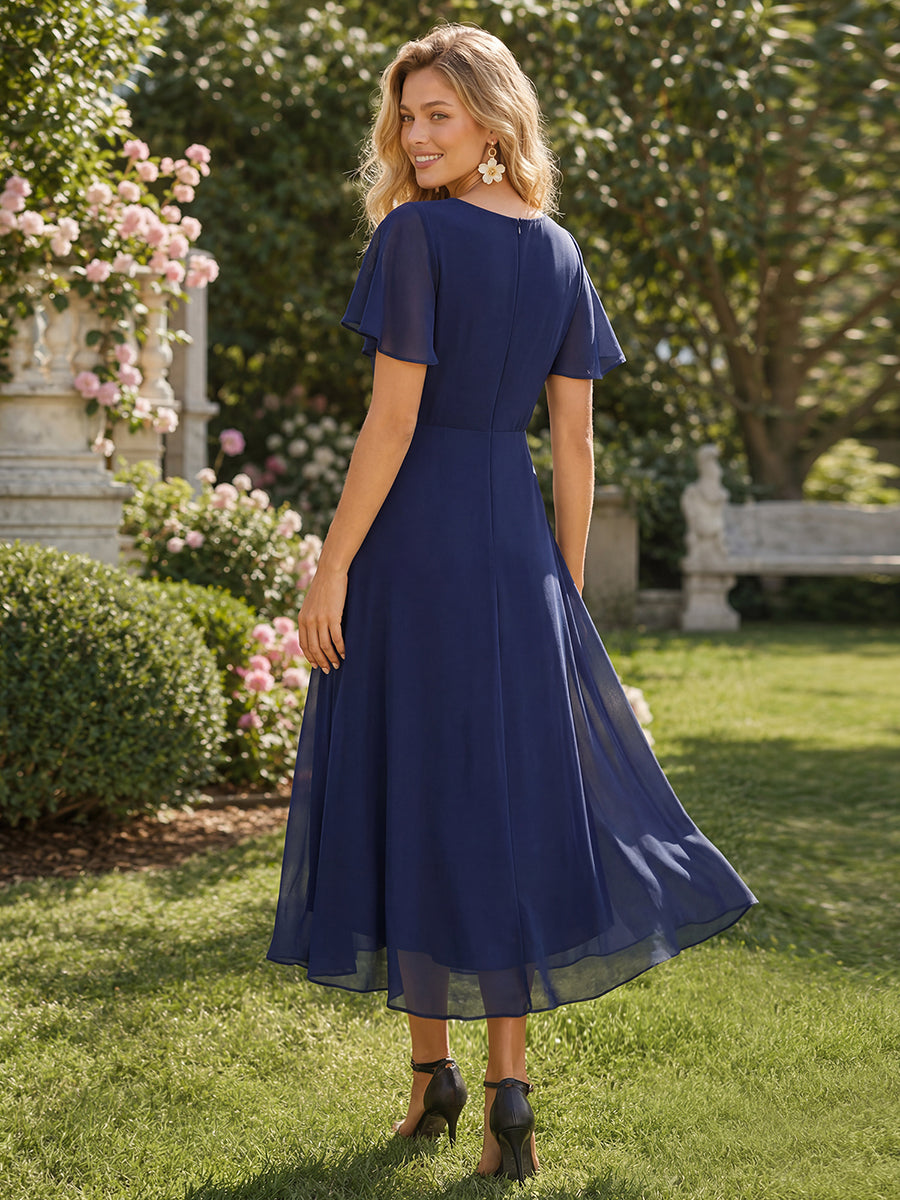 Robe D'invité De Mariage En Mousseline De Soie Mi-Longue Plissée à Manches à Volants Et Col En V #Couleur_Bleu Marine