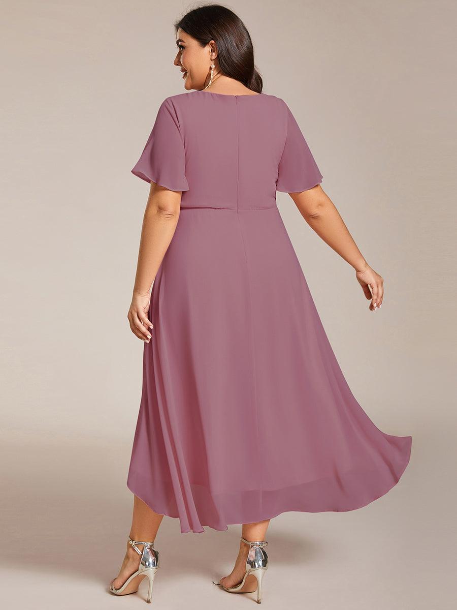 Grande Taille Robe D'invit?¡ã| De Mariage Mi-Longue Pliss?¡ã|e En Mousseline De Soie ?¡㡧N Manches Courtes Et Col En V De #Couleur_Orchidee