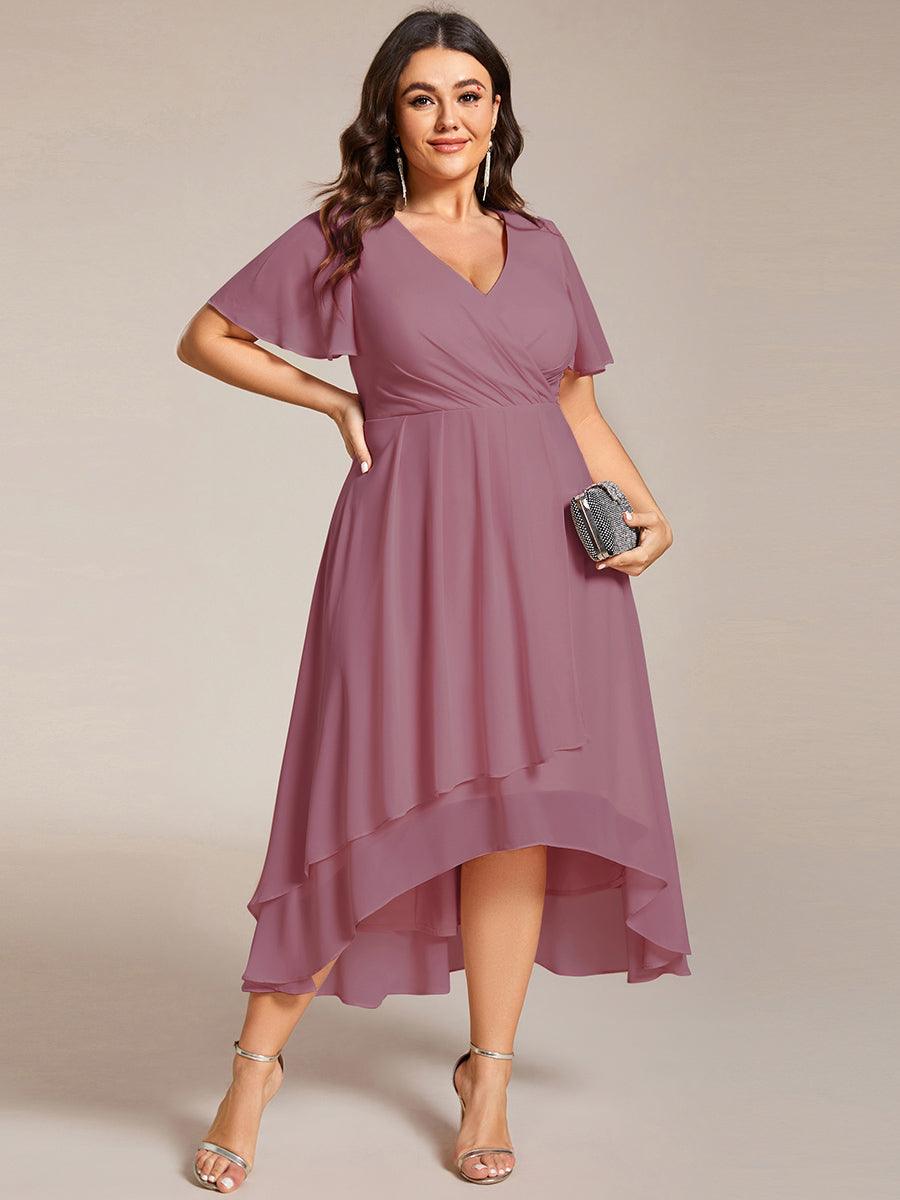 Grande Taille Robe D'invit?¡ã| De Mariage Mi-Longue Pliss?¡ã|e En Mousseline De Soie ?¡㡧N Manches Courtes Et Col En V De #Couleur_Orchidee