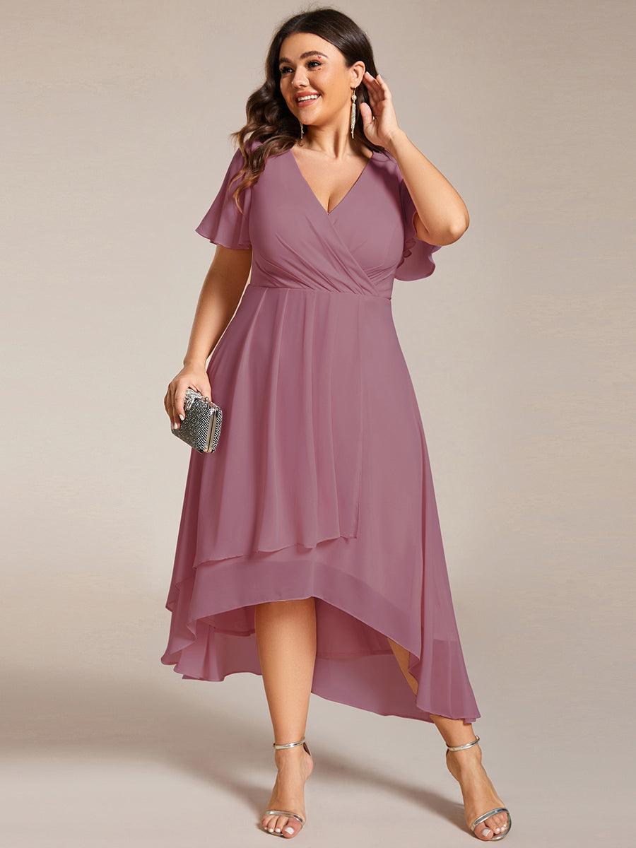 Grande Taille Robe D'invit?¡ã| De Mariage Mi-Longue Pliss?¡ã|e En Mousseline De Soie ?¡㡧N Manches Courtes Et Col En V De #Couleur_Orchidee
