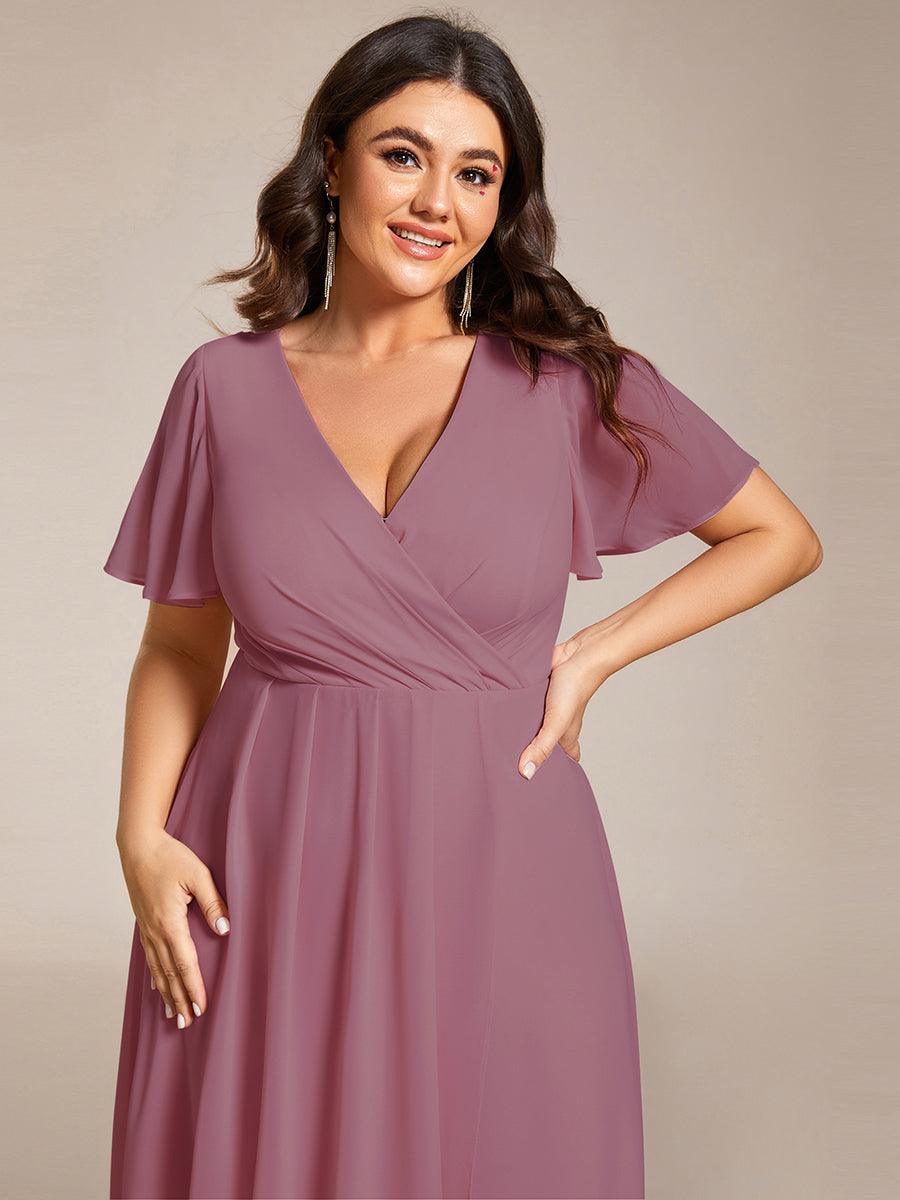 Grande Taille Robe D'invit?¡ã| De Mariage Mi-Longue Pliss?¡ã|e En Mousseline De Soie ?¡㡧N Manches Courtes Et Col En V De #Couleur_Orchidee