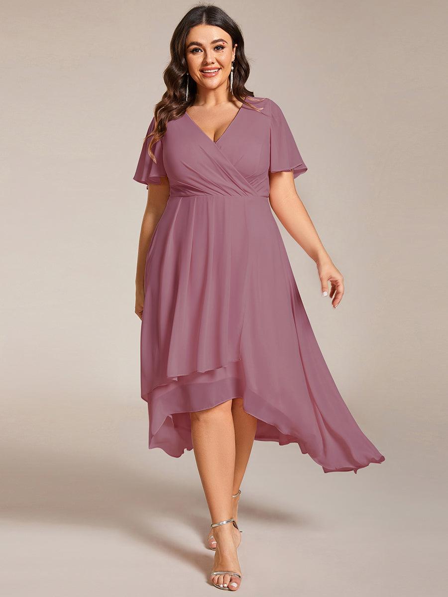 Grande Taille Robe D'invit?¡ã| De Mariage Mi-Longue Pliss?¡ã|e En Mousseline De Soie ?¡㡧N Manches Courtes Et Col En V De #Couleur_Orchidee