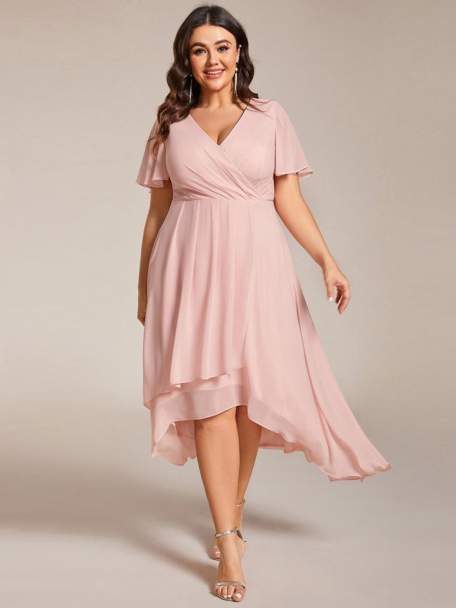 Grande Taille Robe D'invit?¡ã| De Mariage Mi-Longue Pliss?¡ã|e En Mousseline De Soie ?¡㡧N Manches Courtes Et Col En V De #Couleur_Rose