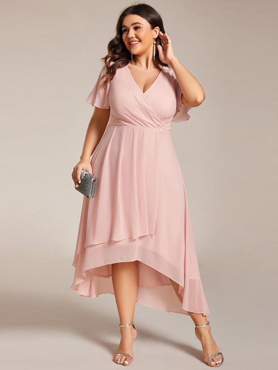 Grande Taille Robe D'invit?¡ã| De Mariage Mi-Longue Pliss?¡ã|e En Mousseline De Soie ?¡㡧N Manches Courtes Et Col En V De #Couleur_Rose