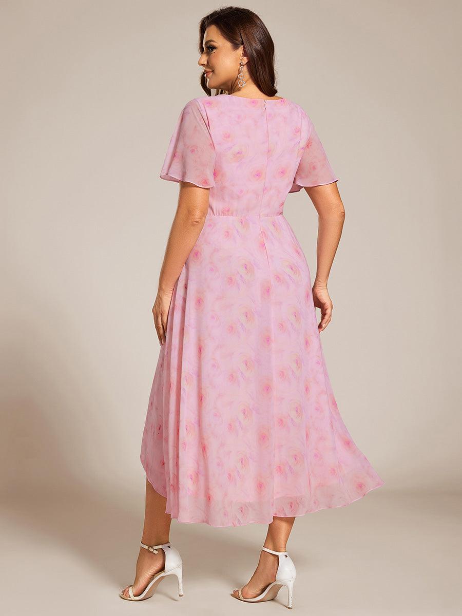 Grande Taille Robe D'invit?¡ã| De Mariage Mi-Longue Pliss?¡ã|e En Mousseline De Soie ?¡㡧N Manches Courtes Et Col En V De #Couleur_Roses Violet Clair