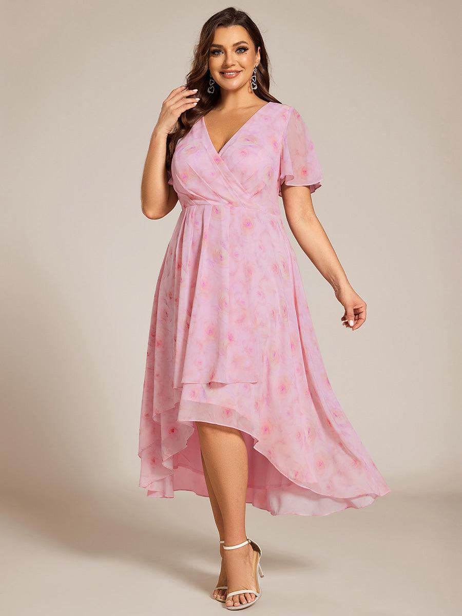 Grande Taille Robe D'invit?¡ã| De Mariage Mi-Longue Pliss?¡ã|e En Mousseline De Soie ?¡㡧N Manches Courtes Et Col En V De #Couleur_Roses Violet Clair