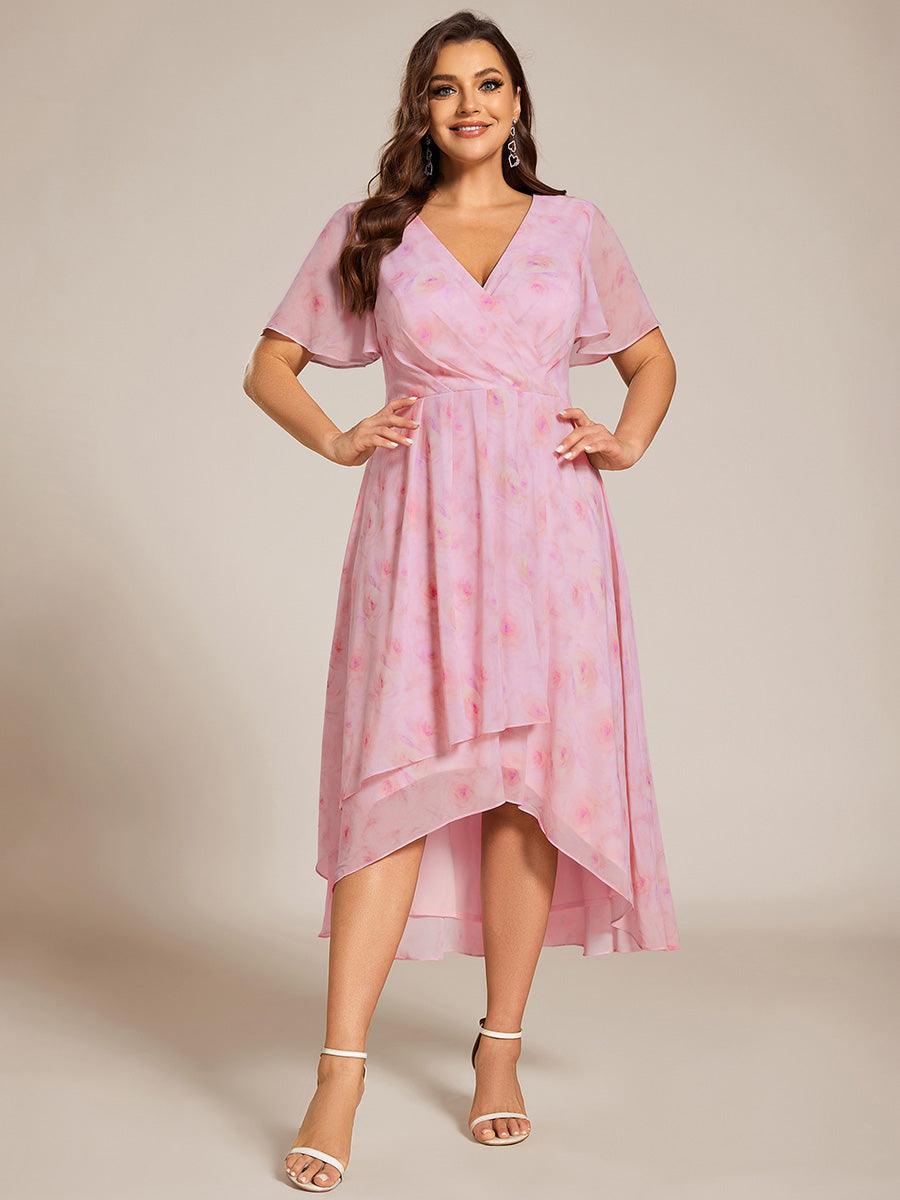 Grande Taille Robe D'invit?¡ã| De Mariage Mi-Longue Pliss?¡ã|e En Mousseline De Soie ?¡㡧N Manches Courtes Et Col En V De #Couleur_Roses Violet Clair