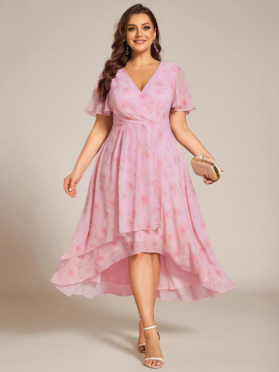 Grande Taille Robe D'invit?¡ã| De Mariage Mi-Longue Pliss?¡ã|e En Mousseline De Soie ?¡㡧N Manches Courtes Et Col En V De #Couleur_Roses Violet Clair