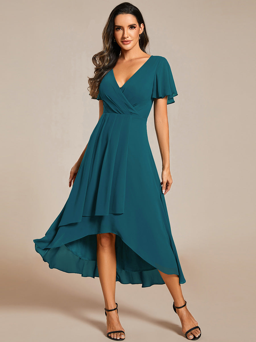 Robe D'invité De Mariage En Mousseline De Soie Mi-Longue Plissée à Manches à Volants Et Col En V #Couleur_Bleu Sarcelle
