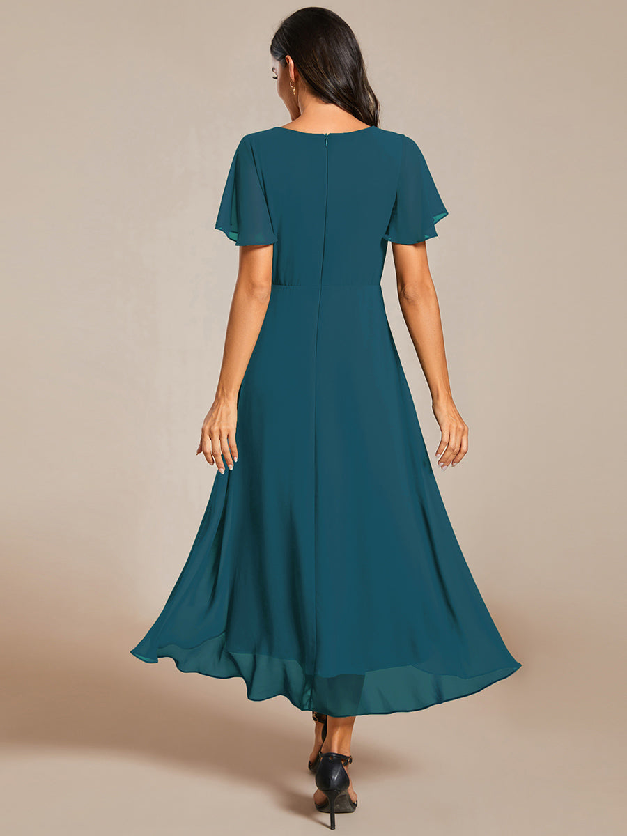 Robe D'invité De Mariage En Mousseline De Soie Mi-Longue Plissée à Manches à Volants Et Col En V #Couleur_Bleu Sarcelle