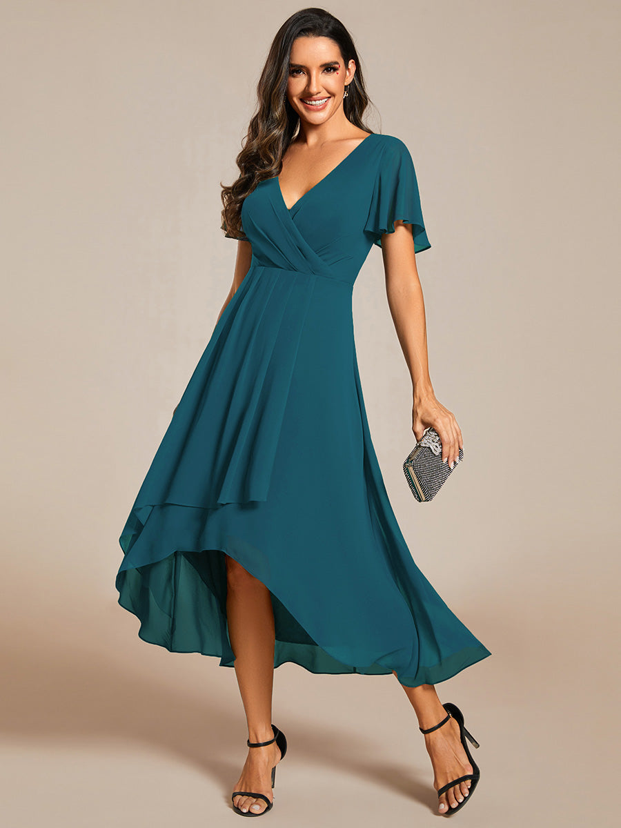 Robe D'invité De Mariage En Mousseline De Soie Mi-Longue Plissée à Manches à Volants Et Col En V #Couleur_Bleu Sarcelle