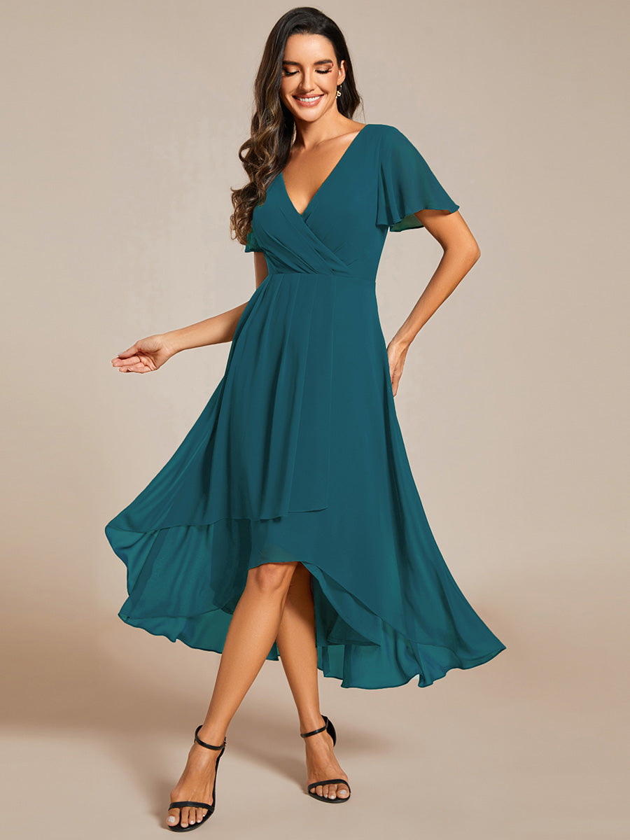 Robe D'invité De Mariage En Mousseline De Soie Mi-Longue Plissée à Manches à Volants Et Col En V #Couleur_Bleu Sarcelle
