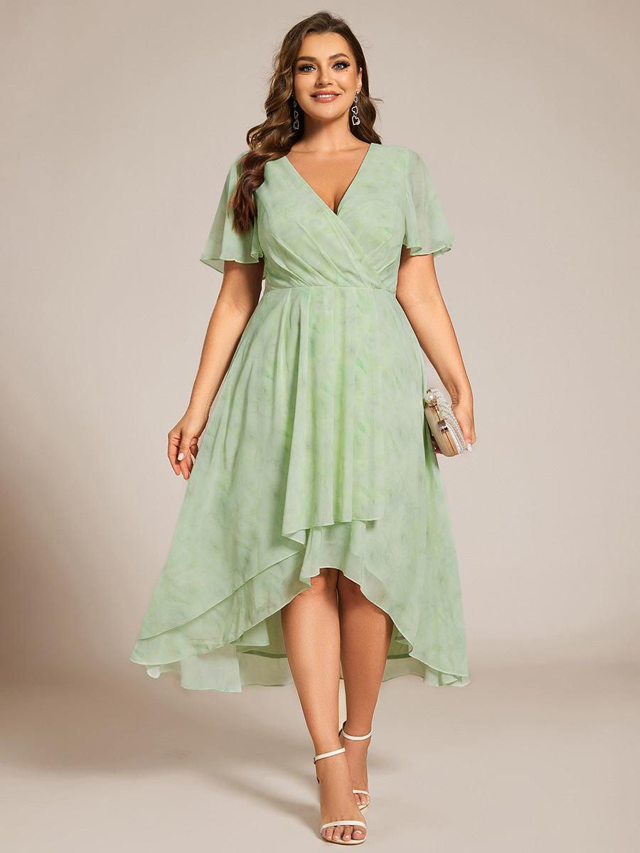 Grande Taille Robe D'invit?¡ã| De Mariage Mi-Longue Pliss?¡ã|e En Mousseline De Soie ?¡㡧N Manches Courtes Et Col En V De #Couleur_Roses Vert Clair