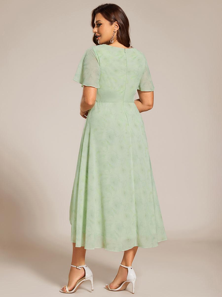 Grande Taille Robe D'invit?¡ã| De Mariage Mi-Longue Pliss?¡ã|e En Mousseline De Soie ?¡㡧N Manches Courtes Et Col En V De #Couleur_Roses Vert Clair