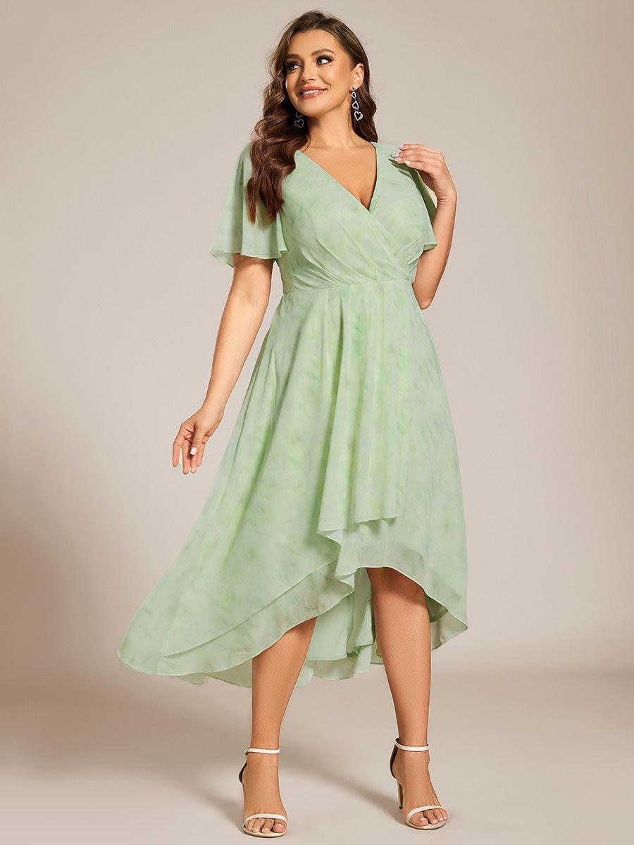 Grande Taille Robe D'invit?¡ã| De Mariage Mi-Longue Pliss?¡ã|e En Mousseline De Soie ?¡㡧N Manches Courtes Et Col En V De #Couleur_Roses Vert Clair