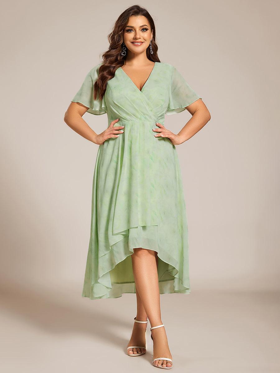 Grande Taille Robe D'invit?¡ã| De Mariage Mi-Longue Pliss?¡ã|e En Mousseline De Soie ?¡㡧N Manches Courtes Et Col En V De #Couleur_Roses Vert Clair