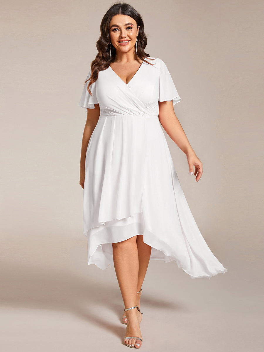 Robe D'invité De Mariage En Mousseline De Soie Mi-Longue Plissée à Manches à Volants Et Col En V #Couleur_Blanc
