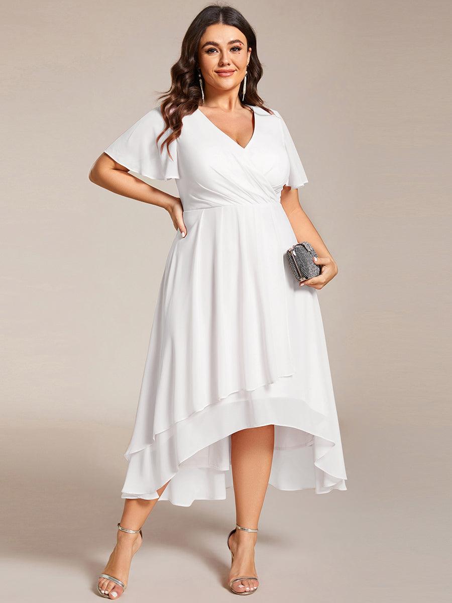 Grande Taille Robe D'invit?¡ã| De Mariage Mi-Longue Pliss?¡ã|e En Mousseline De Soie ?¡㡧N Manches Courtes Et Col En V De #Couleur_Blanc