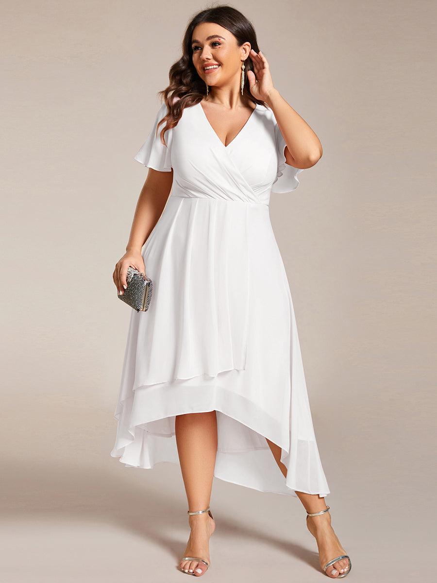 Grande Taille Robe D'invit?¡ã| De Mariage Mi-Longue Pliss?¡ã|e En Mousseline De Soie ?¡㡧N Manches Courtes Et Col En V De #Couleur_Blanc