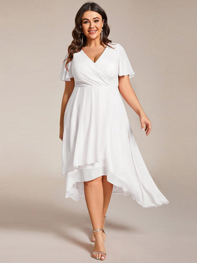 pretty LARK|Grande Taille Robe Dinvit De Mariage Mi-Longue Plisse En Mousseline De Soie Manches Courtes Et Col En V De