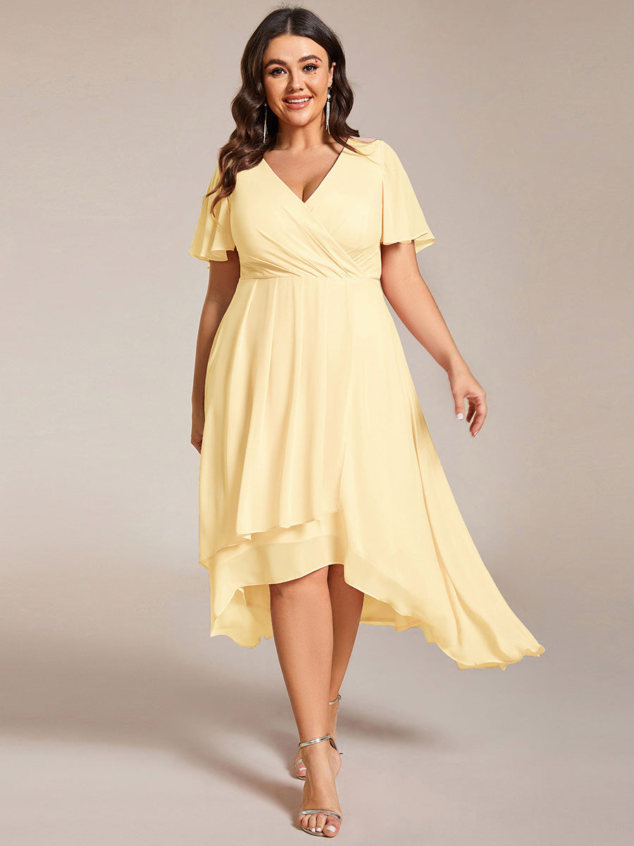 Robe D'invité De Mariage En Mousseline De Soie Mi-Longue Plissée à Manches à Volants Et Col En V  #Couleur_Jaune