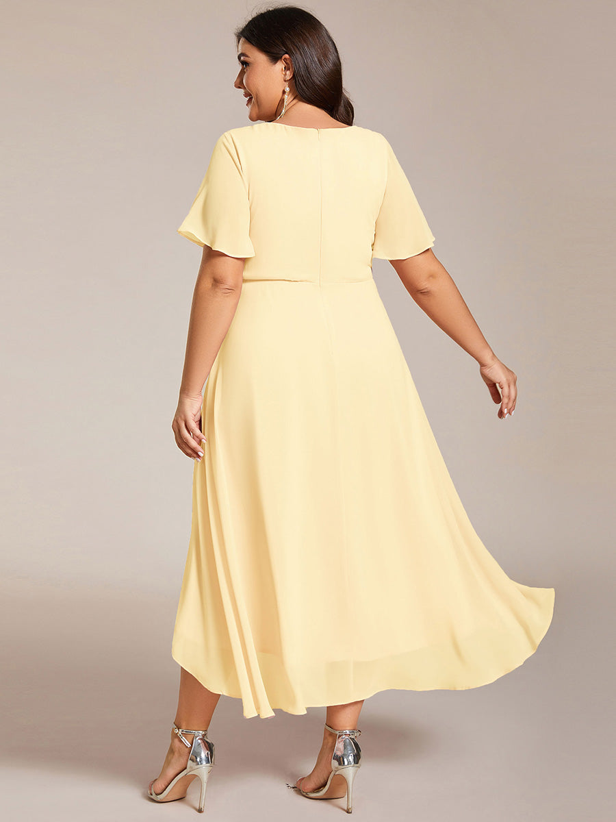 Robe D'invité De Mariage En Mousseline De Soie Mi-Longue Plissée à Manches à Volants Et Col En V  #Couleur_Jaune