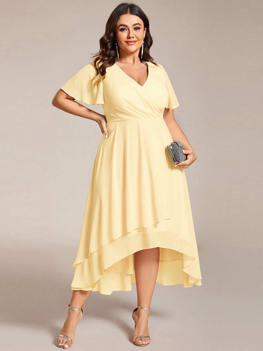 Robe D'invité De Mariage En Mousseline De Soie Mi-Longue Plissée à Manches à Volants Et Col En V  #Couleur_Jaune