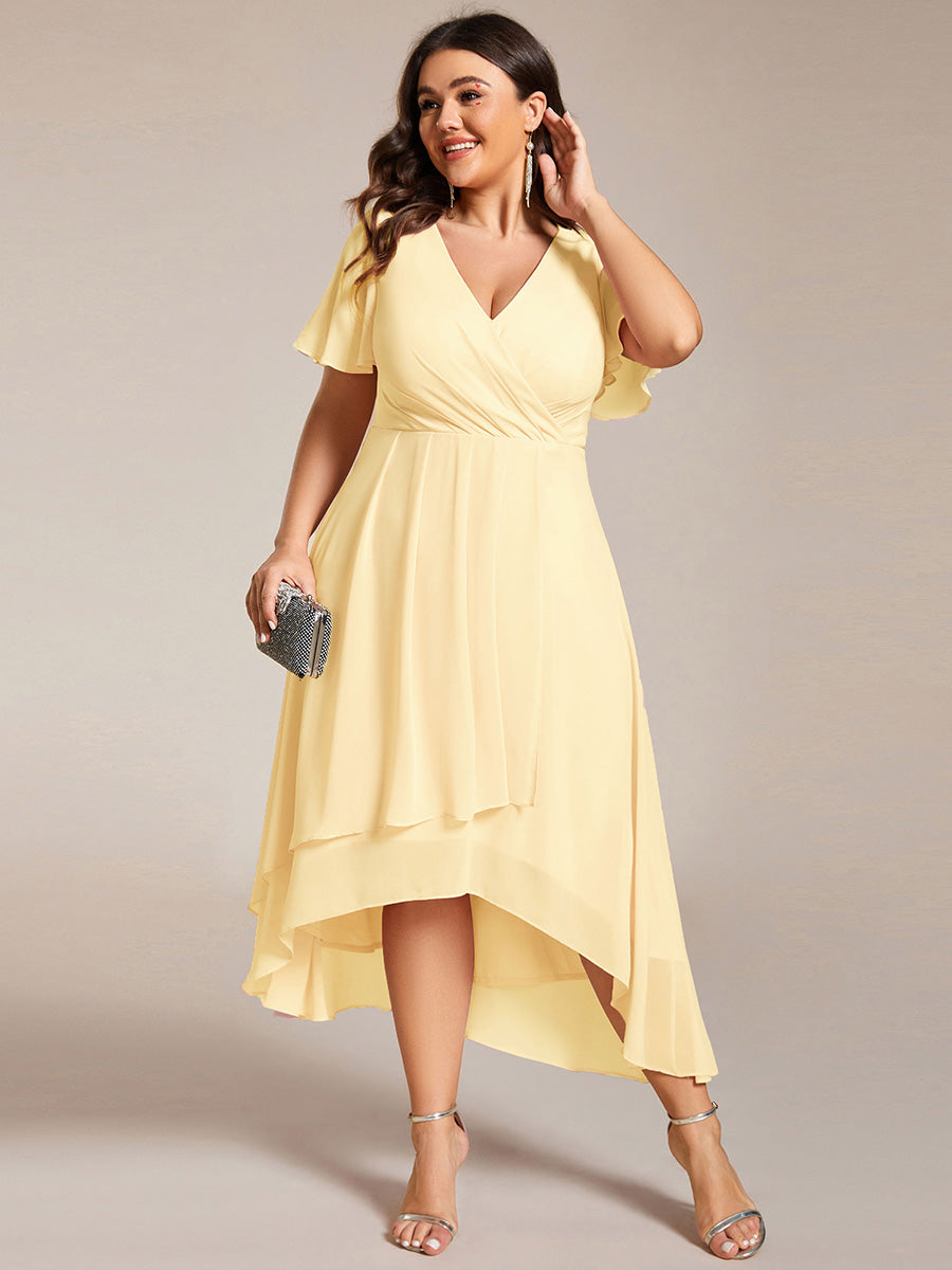 Robe D'invité De Mariage En Mousseline De Soie Mi-Longue Plissée à Manches à Volants Et Col En V  #Couleur_Jaune