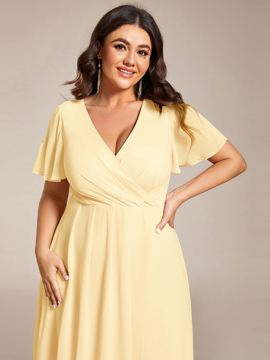 Robe D'invité De Mariage En Mousseline De Soie Mi-Longue Plissée à Manches à Volants Et Col En V  #Couleur_Jaune