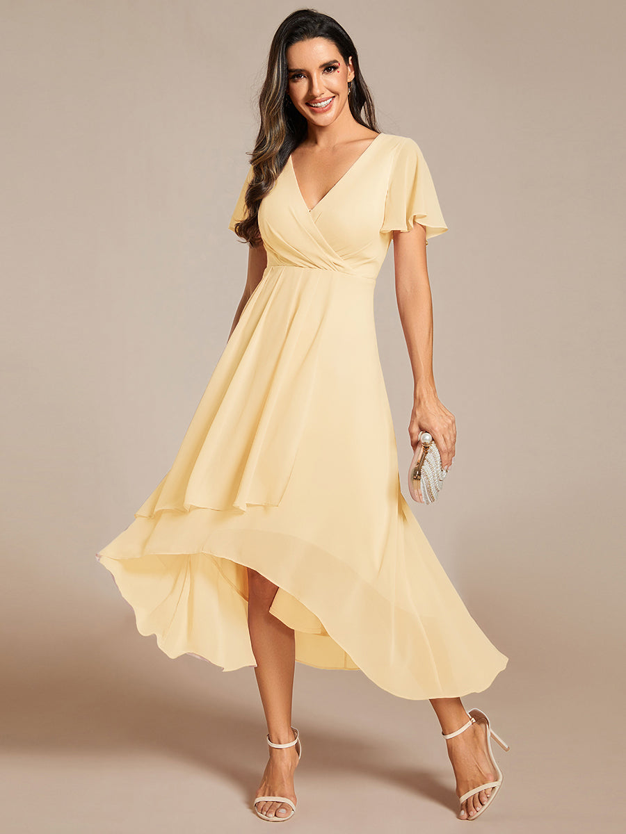 Robe D'invité De Mariage En Mousseline De Soie Mi-Longue Plissée à Manches à Volants Et Col En V  #Couleur_Jaune