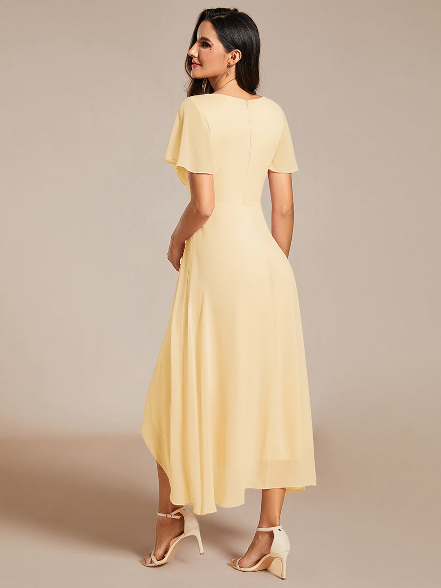 Robe D'invité De Mariage En Mousseline De Soie Mi-Longue Plissée à Manches à Volants Et Col En V  #Couleur_Jaune
