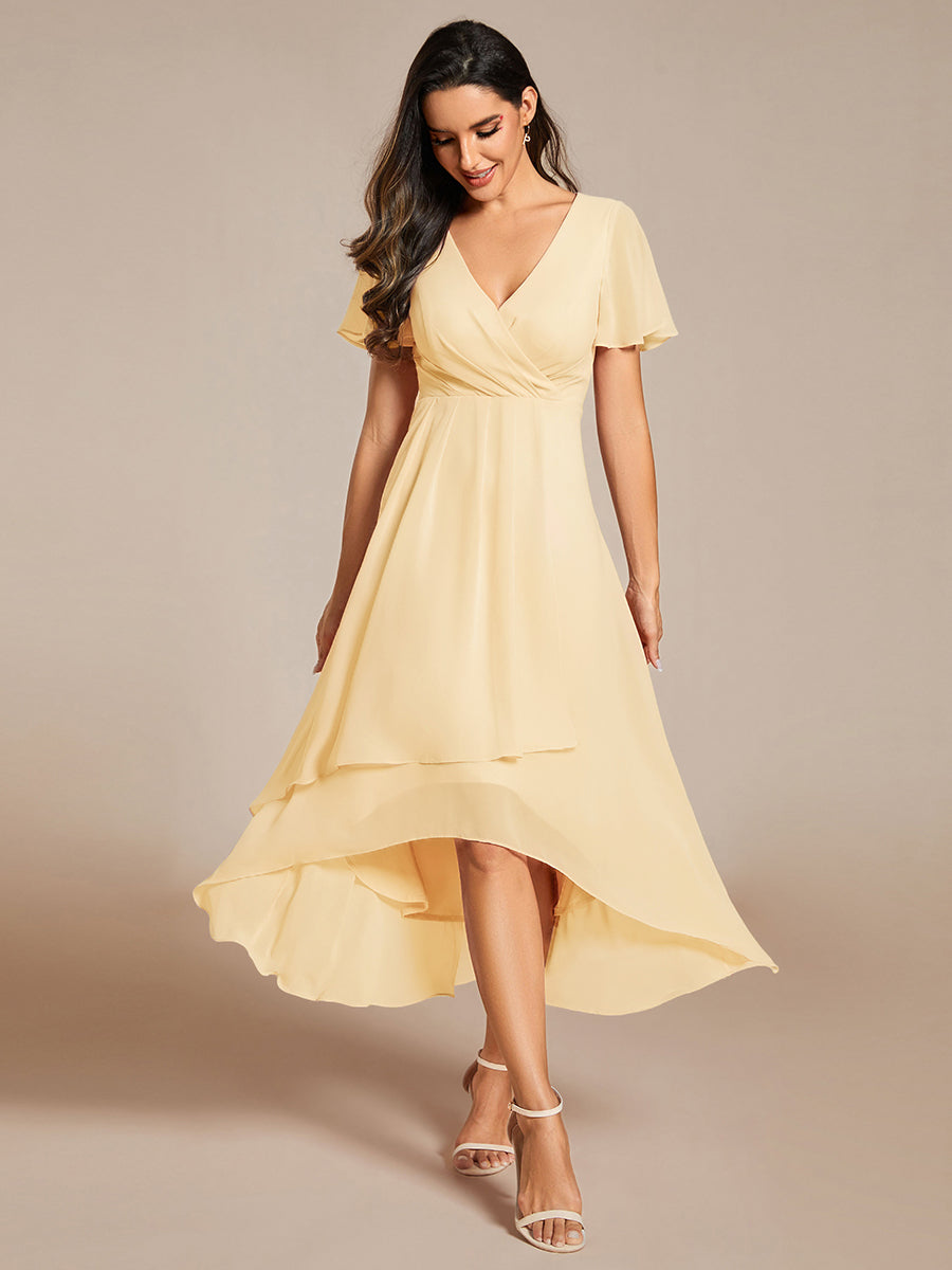 Robe D'invité De Mariage En Mousseline De Soie Mi-Longue Plissée à Manches à Volants Et Col En V  #Couleur_Jaune
