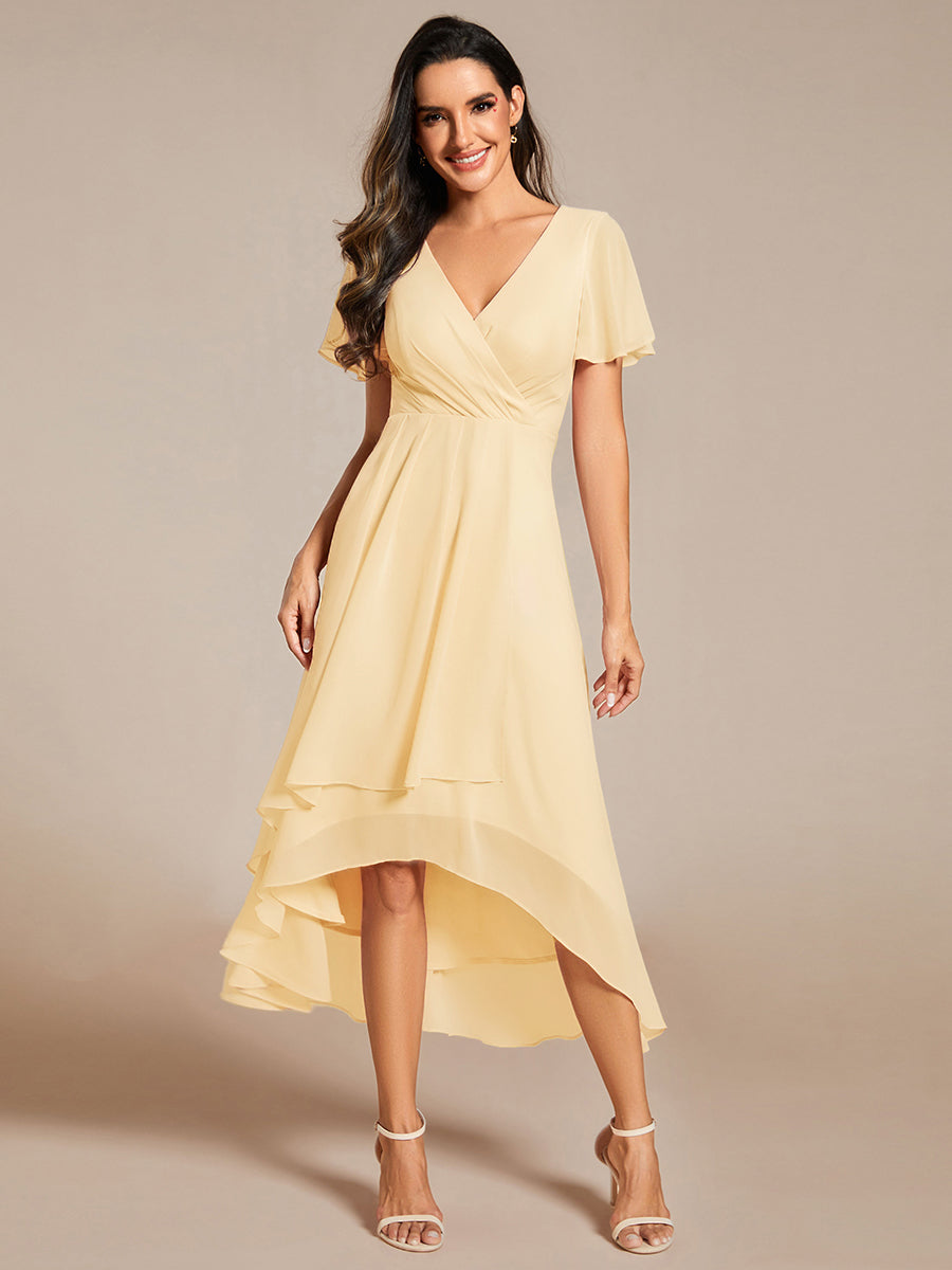 Robe D'invité De Mariage En Mousseline De Soie Mi-Longue Plissée à Manches à Volants Et Col En V  #Couleur_Jaune