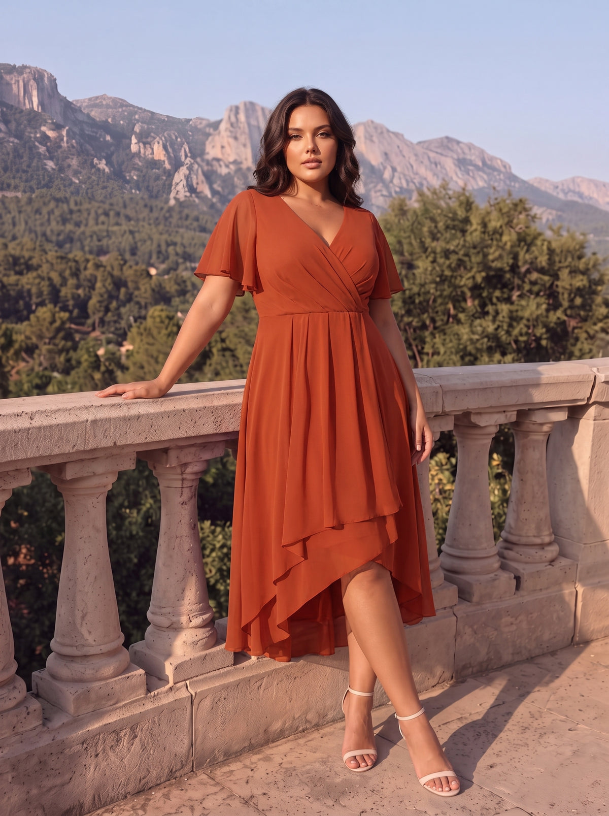 Grande Taille Robe D'invit???| De Mariage Mi-Longue Pliss???|e En Mousseline De Soie ???N Manches Courtes Et Col En V De #Couleur_Burnt Orange