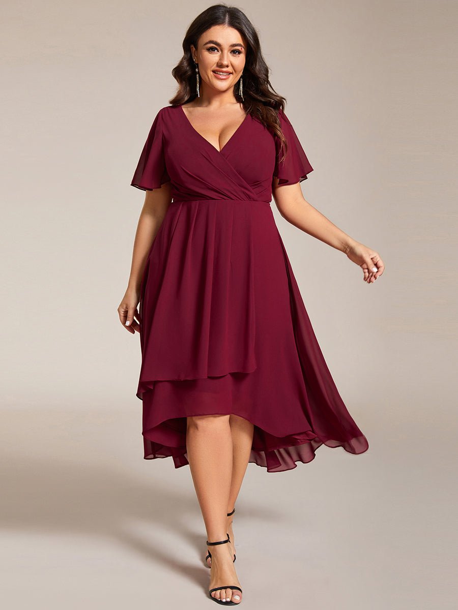 Robe D'invité De Mariage En Mousseline De Soie Mi-Longue Plissée à Manches à Volants Et Col En V #Couleur_Bordeaux