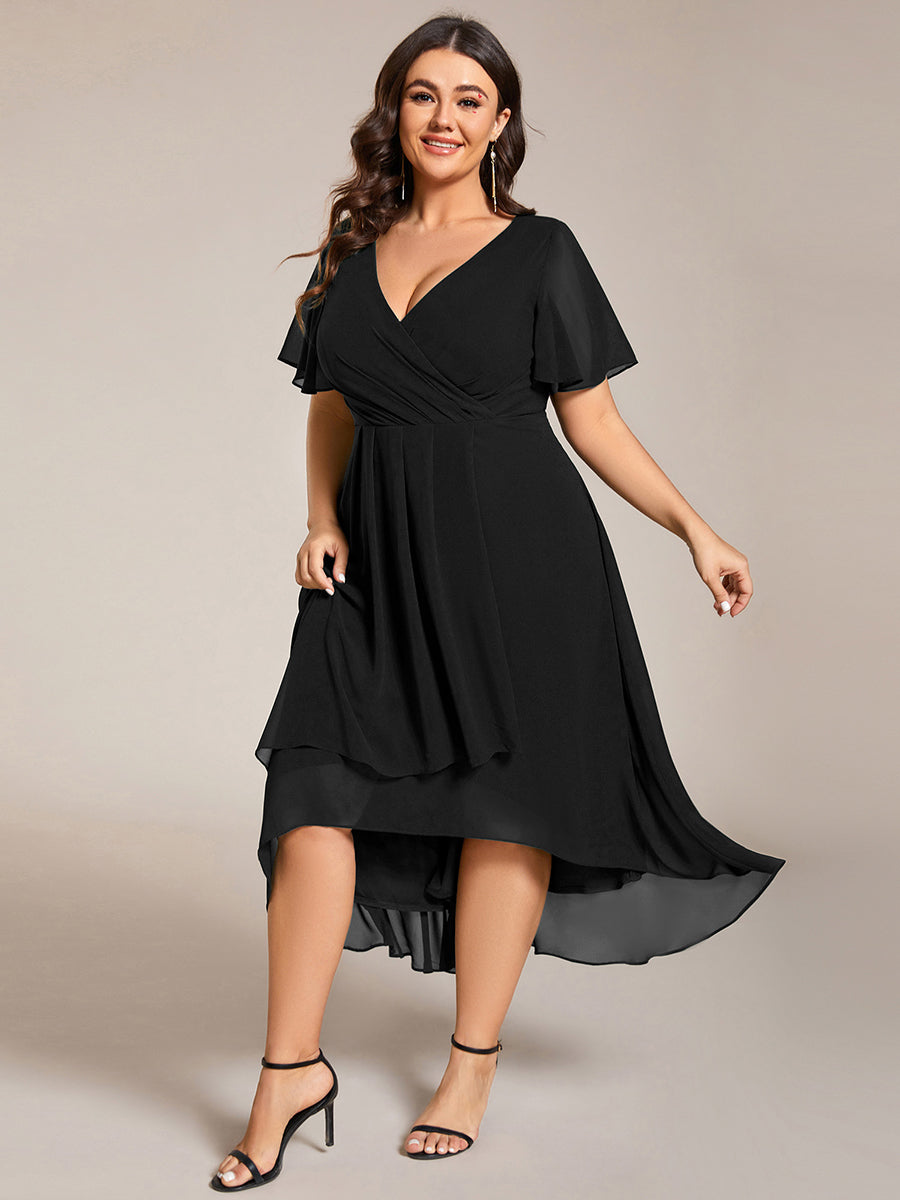 Robe D'invité De Mariage En Mousseline De Soie Mi-Longue Plissée à Manches à Volants Et Col En V #Couleur_Noir