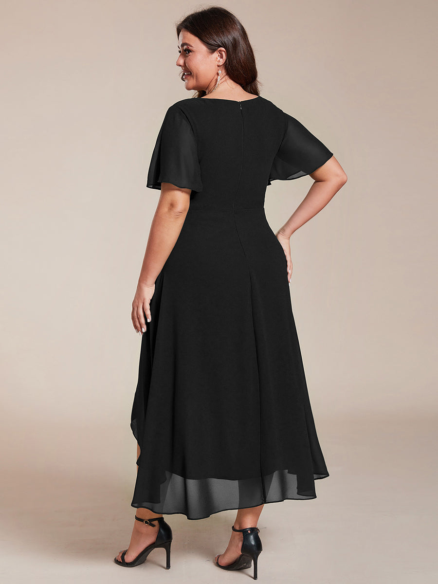 Robe D'invité De Mariage En Mousseline De Soie Mi-Longue Plissée à Manches à Volants Et Col En V #Couleur_Noir