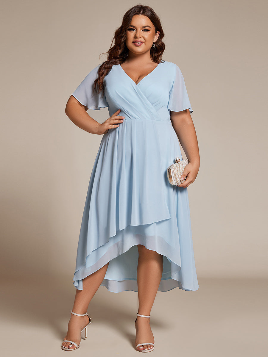 Robe D'invité De Mariage En Mousseline De Soie Mi-Longue Plissée à Manches à Volants Et Col En V #Couleur_Bleu Ciel