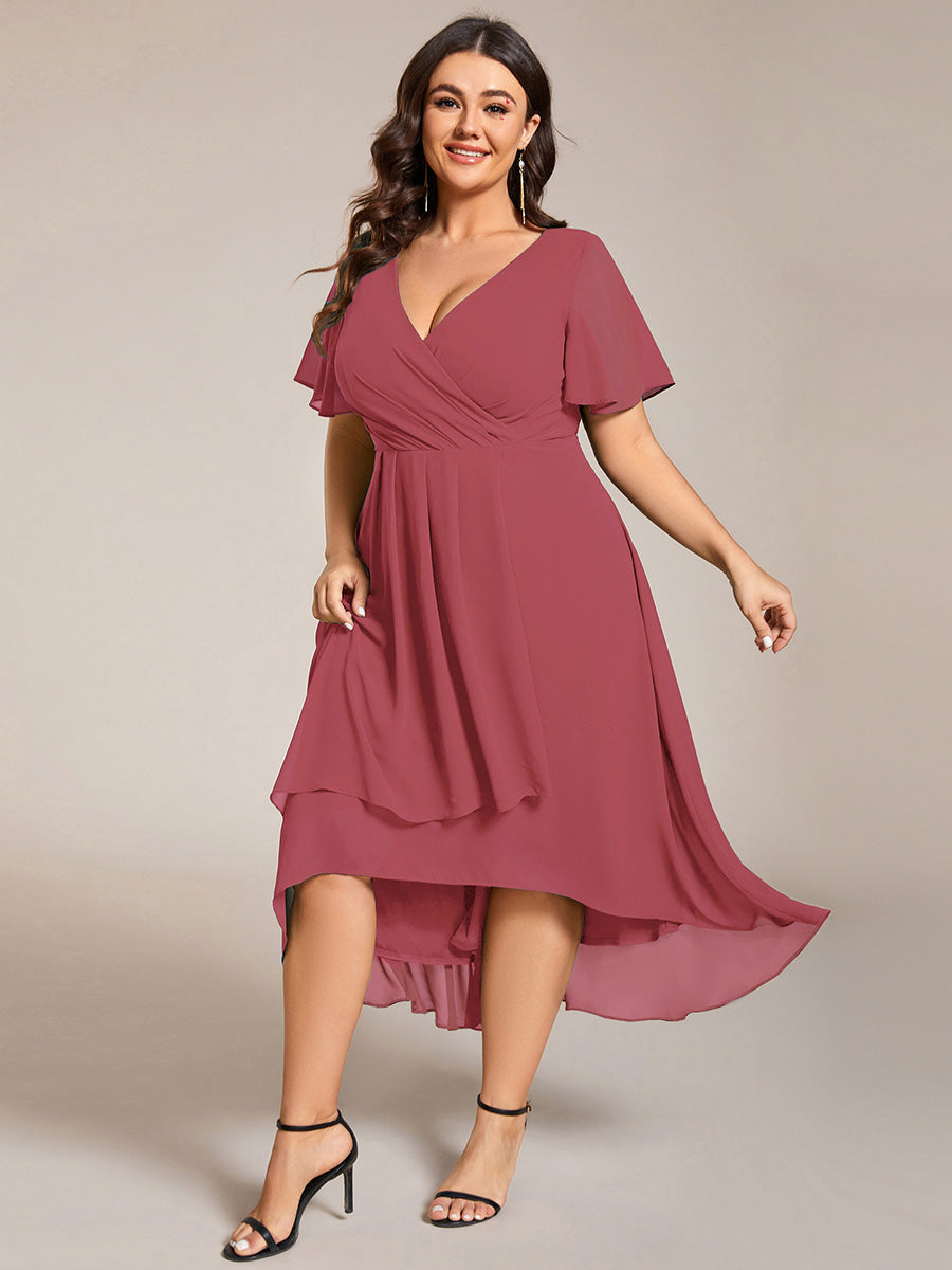 Robe D'invité De Mariage En Mousseline De Soie Mi-Longue Plissée à Manches à Volants Et Col En V #Couleur_Rose corail