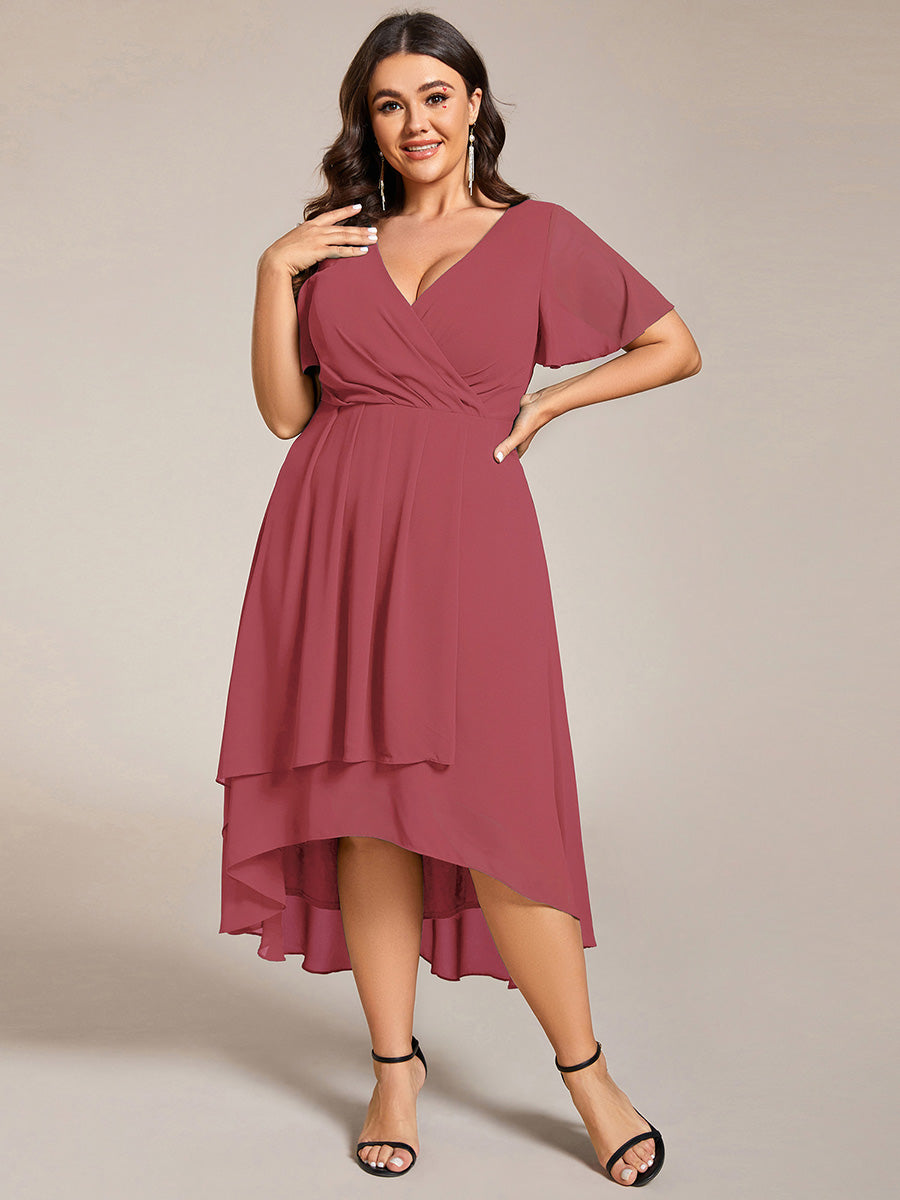 Robe D'invité De Mariage En Mousseline De Soie Mi-Longue Plissée à Manches à Volants Et Col En V #Couleur_Rose corail