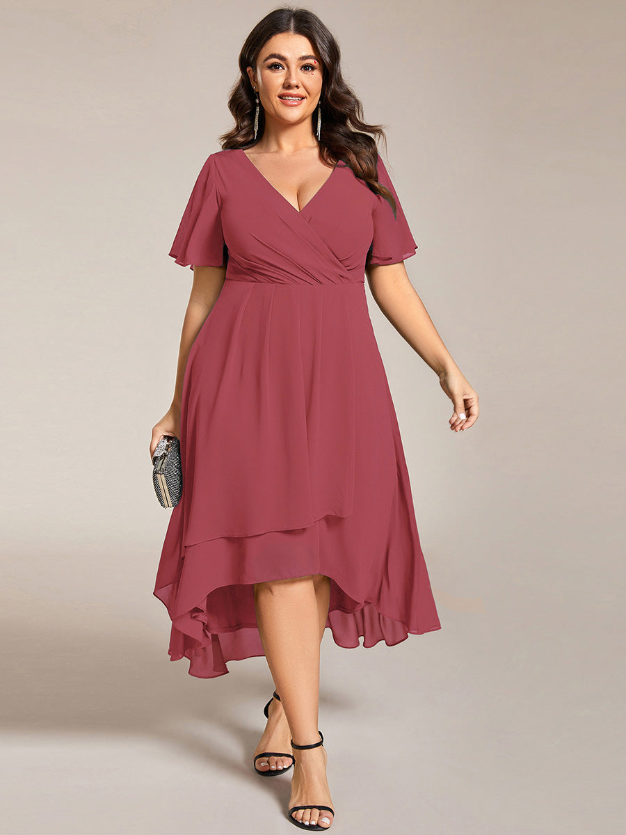 Robe D'invité De Mariage En Mousseline De Soie Mi-Longue Plissée à Manches à Volants Et Col En V #Couleur_Rose corail