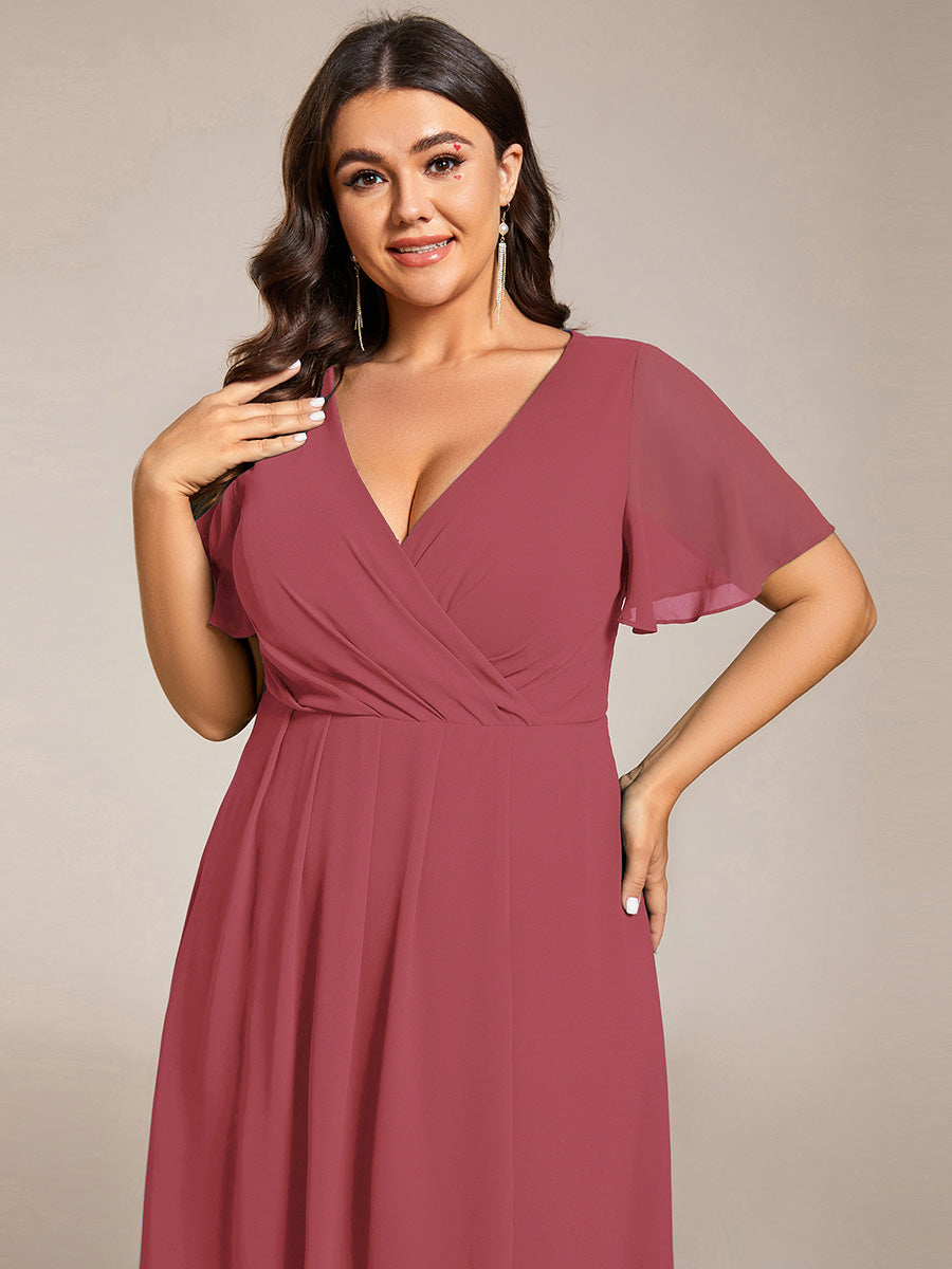 Robe D'invité De Mariage En Mousseline De Soie Mi-Longue Plissée à Manches à Volants Et Col En V #Couleur_Rose corail