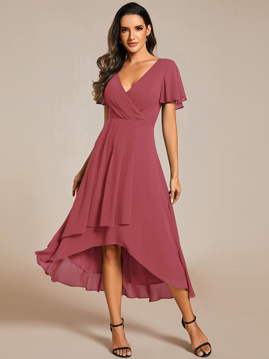 Robe D'invité De Mariage En Mousseline De Soie Mi-Longue Plissée à Manches à Volants Et Col En V #Couleur_Rose corail