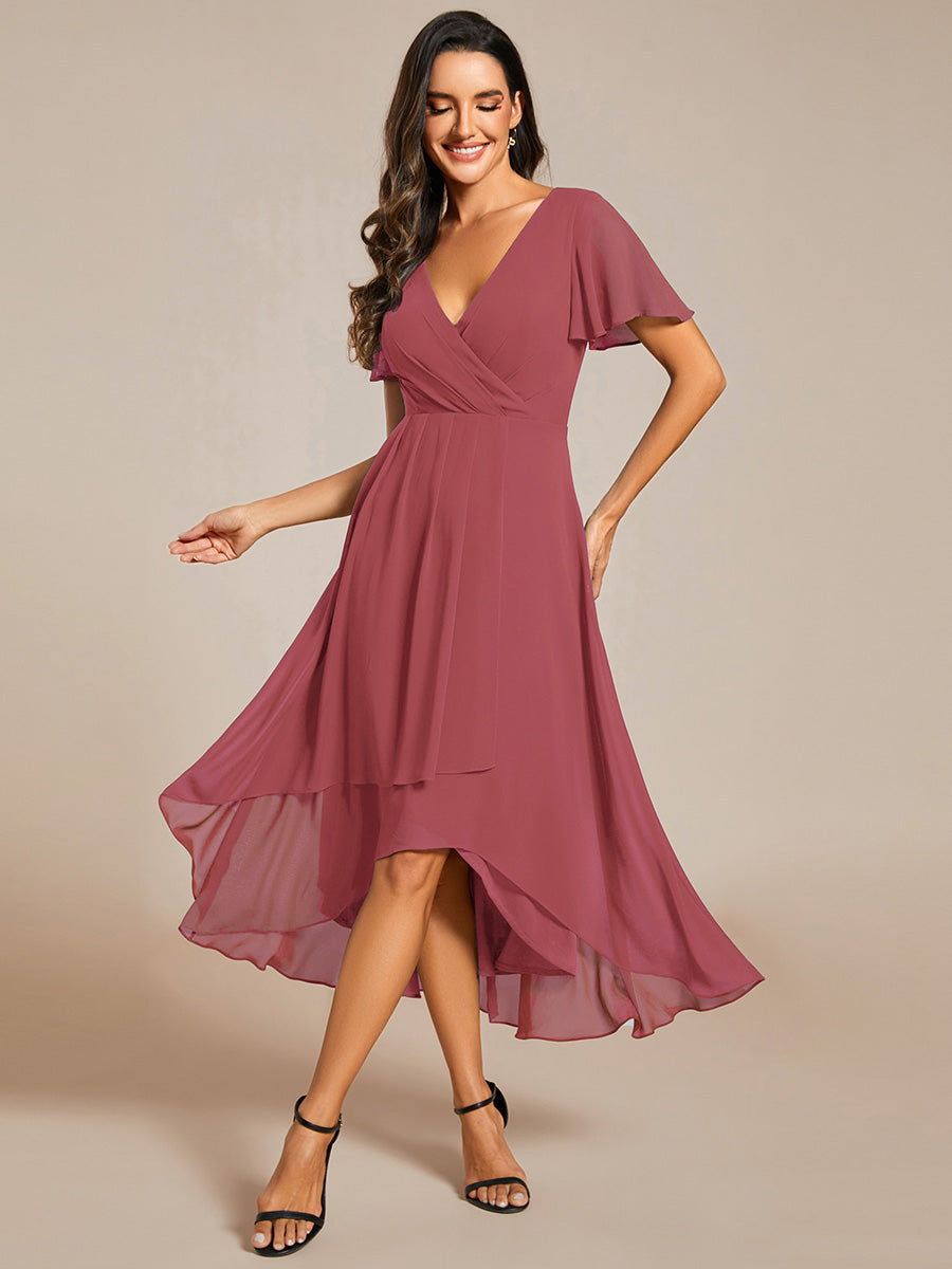 Robe D'invité De Mariage En Mousseline De Soie Mi-Longue Plissée à Manches à Volants Et Col En V #Couleur_Rose corail
