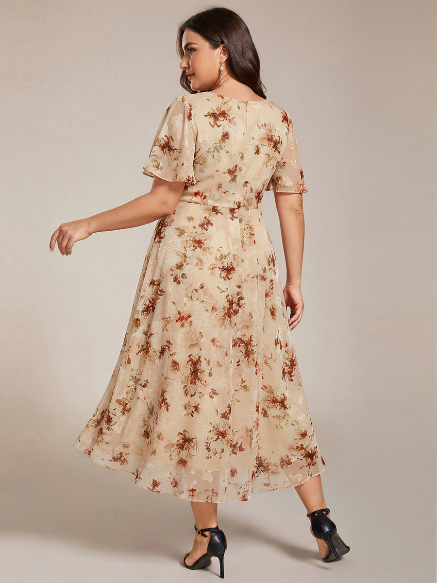 Robe D'invité De Mariage En Mousseline De Soie Mi-Longue Plissée à Manches à Volants Et Col En V #Couleur_Impression Champagne