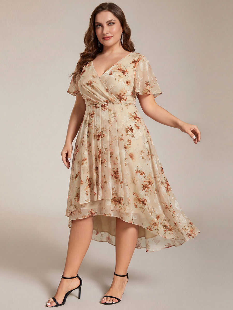 Robe D'invité De Mariage En Mousseline De Soie Mi-Longue Plissée à Manches à Volants Et Col En V #Couleur_Impression Champagne