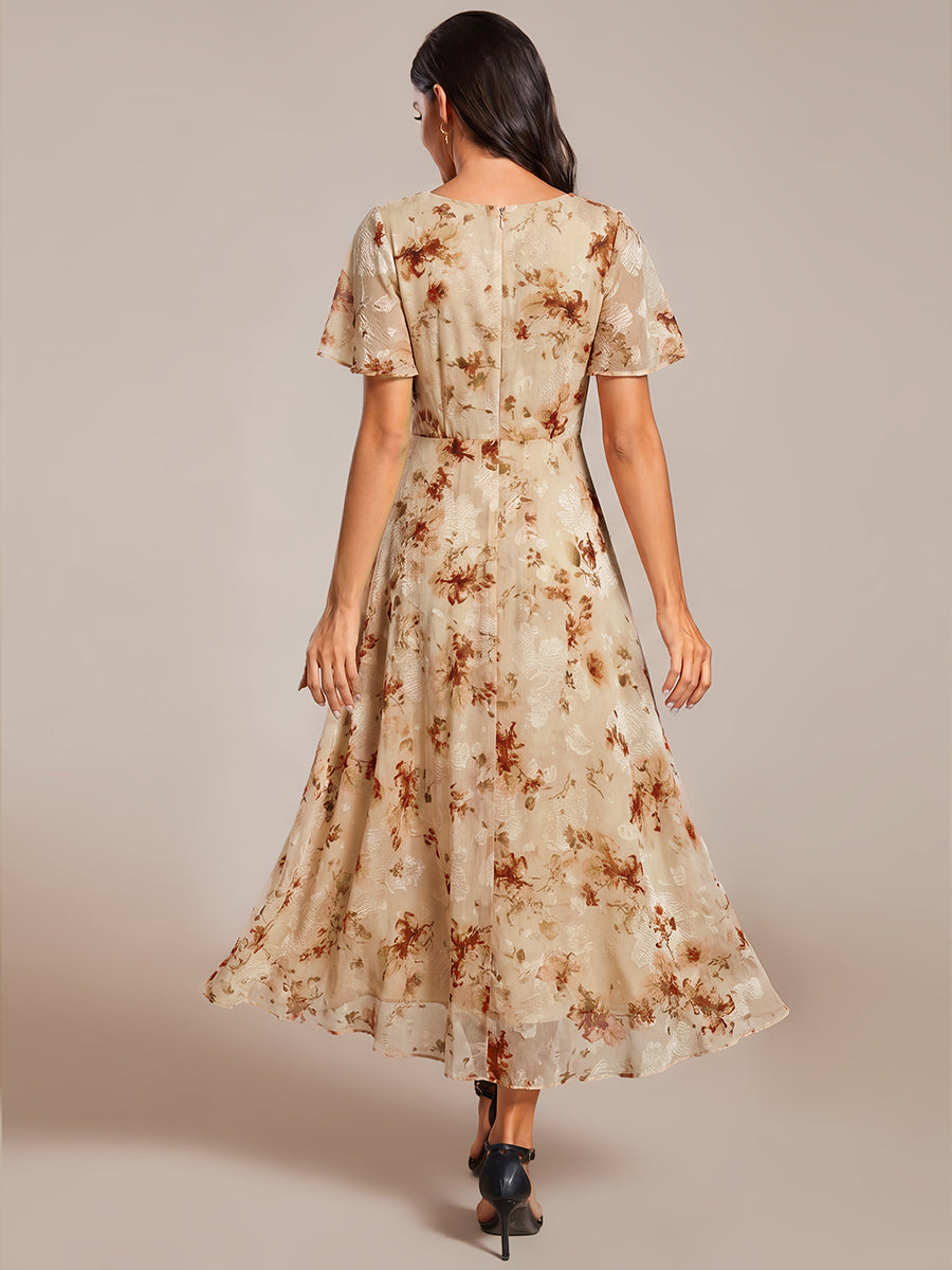 Robe D'invité De Mariage En Mousseline De Soie Mi-Longue Plissée à Manches à Volants Et Col En V #Couleur_Impression Champagne