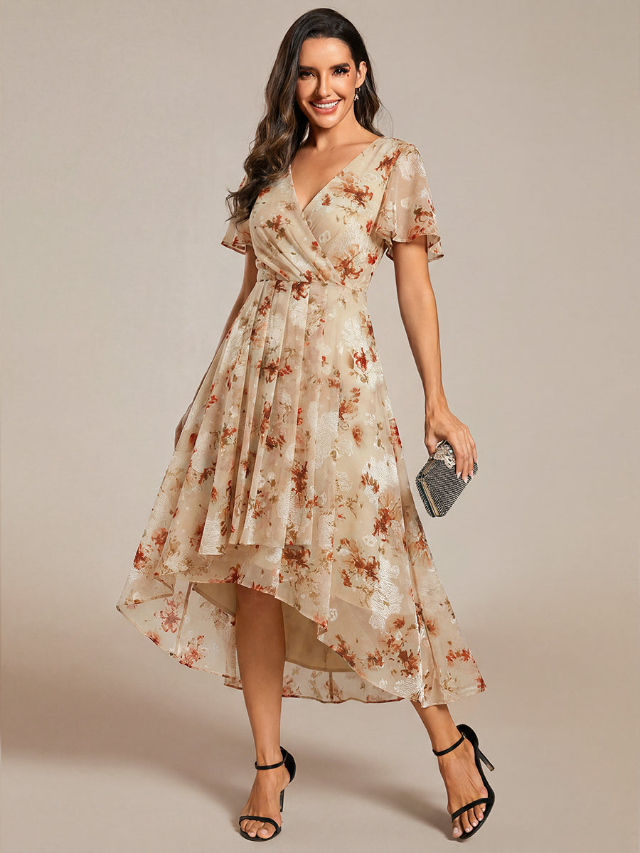 Robe D'invité De Mariage En Mousseline De Soie Mi-Longue Plissée à Manches à Volants Et Col En V #Couleur_Impression Champagne