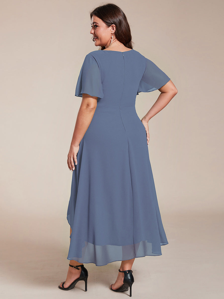 Robe D'invité De Mariage En Mousseline De Soie Mi-Longue Plissée à Manches à Volants Et Col En V #Couleur_Marine Fume