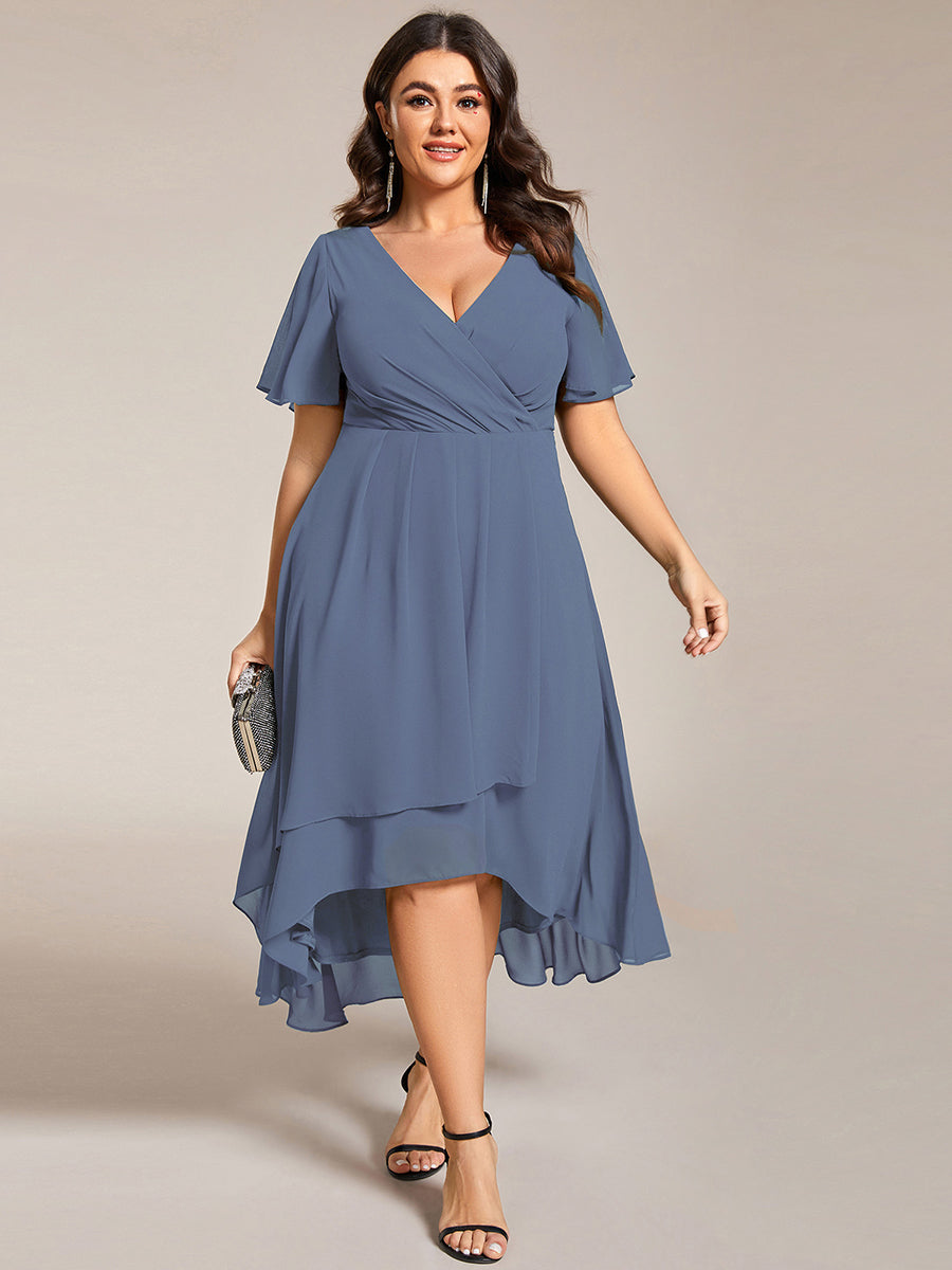 Robe D'invité De Mariage En Mousseline De Soie Mi-Longue Plissée à Manches à Volants Et Col En V #Couleur_Marine Fume